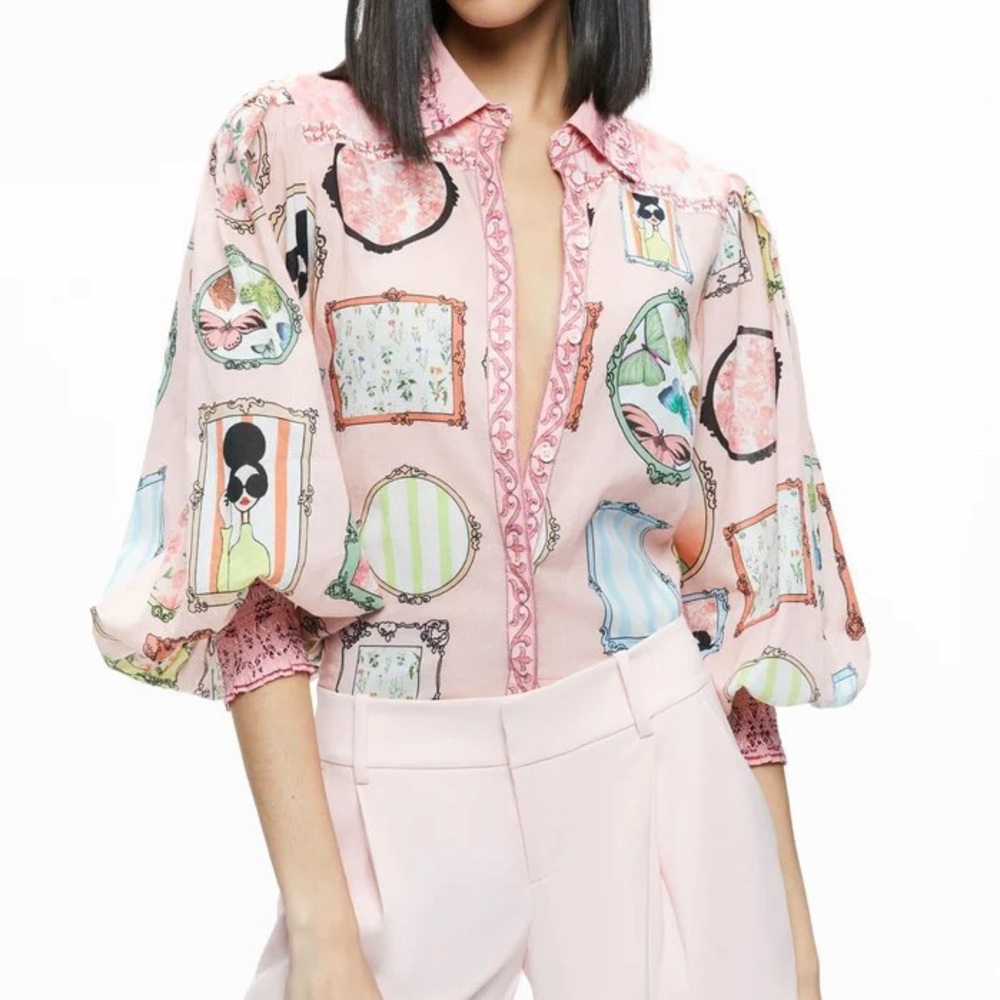 Alice + Olivia Tiffie Stace Face Blouse Top Drama Sleeve Mirror Mirror Pink S